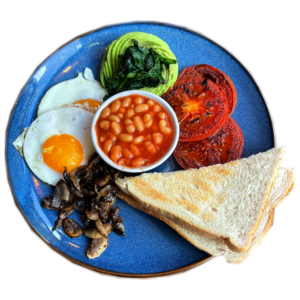 Veggie Breakfast with eggs, halloumi and vegetables in Shoreditch near Old Street – popular vegetarian breakfast (素食早餐) (desayuno vegetariano) (petit déjeuner végétarien) (vegetarisches frühstück) (ベジタリアン朝食) (colazione vegetariana).